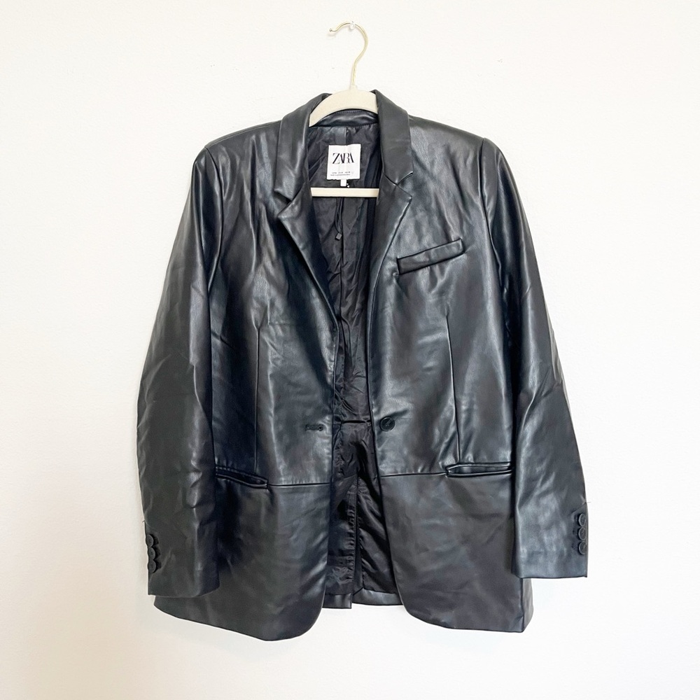 ZARA Faux Leather Black Blazer Jacket